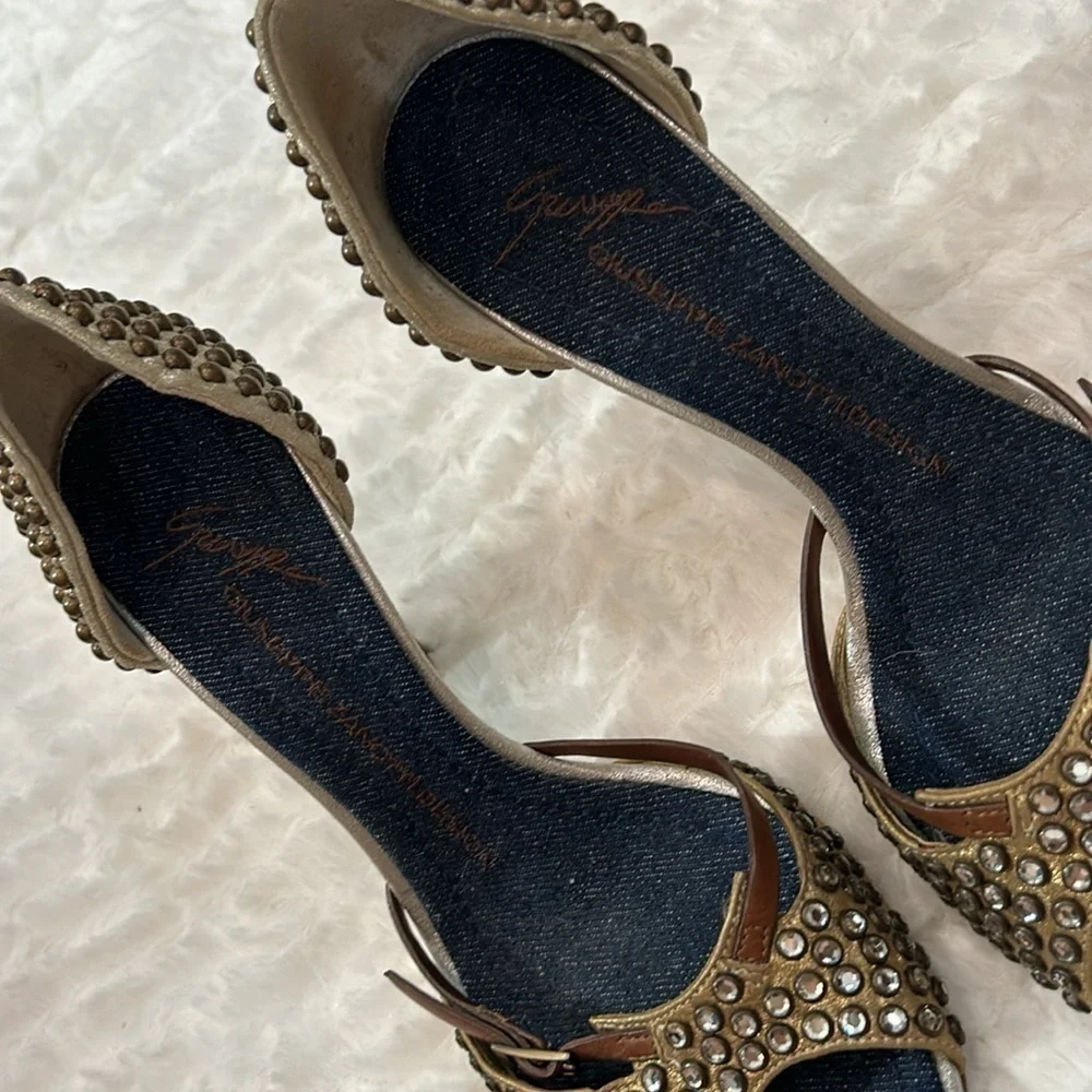 Giuseppe Zanotti Rhinestone Studded Bronze And Brown w Denim Insole Sandals 6.5
